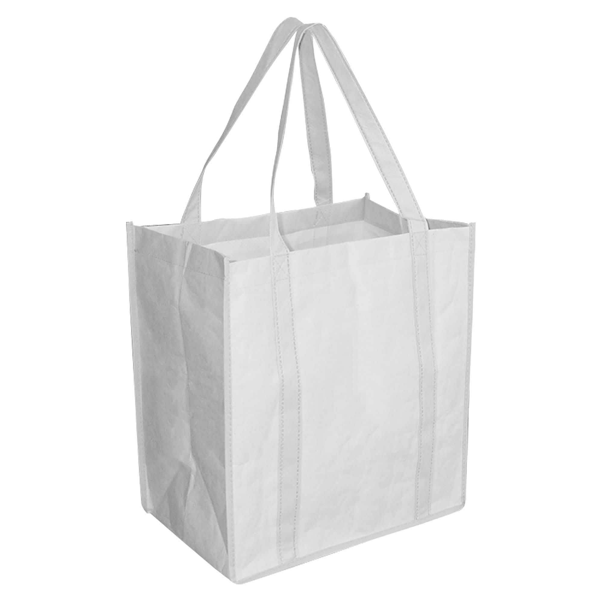 A white paper shopping bag with sturdy handles, featuring a plain design and no visible branding.