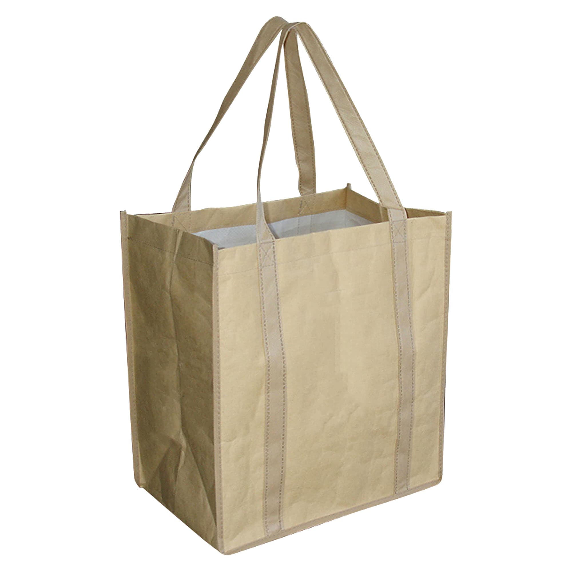 A tan paper shopping bag with a rectangular shape and sturdy handles. It has a blank interior and visible stitching.