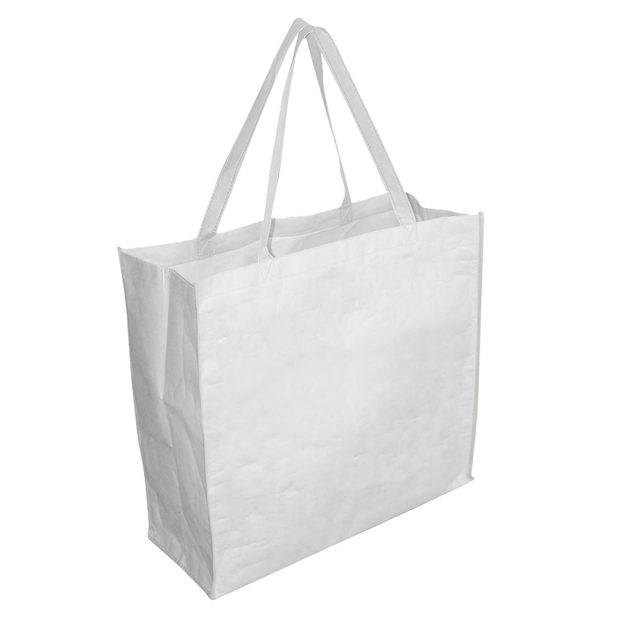 A large white paper bag with a gusset and two handles, featuring a simple design.