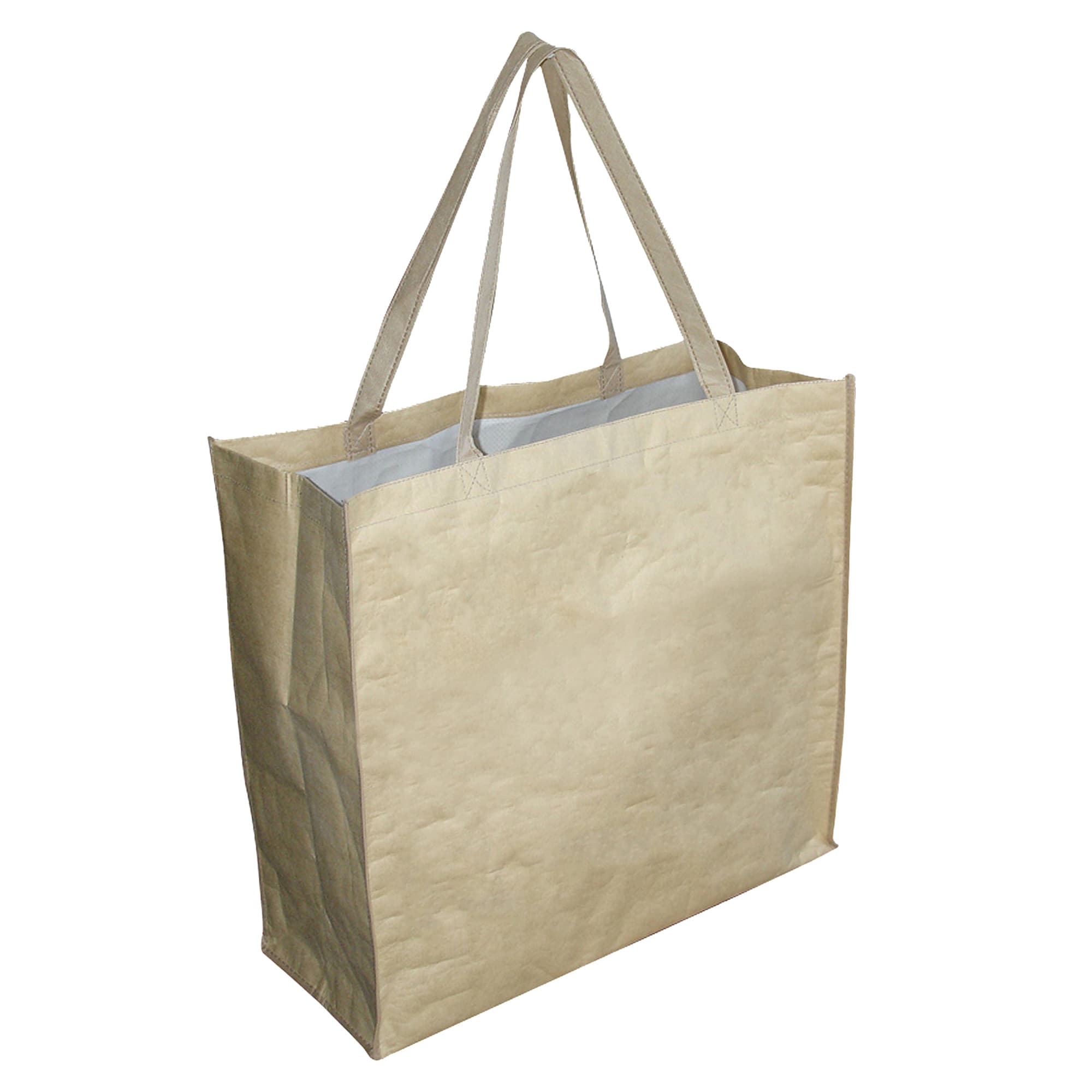 A large, beige paper bag with gusset and two sturdy handles. It features a simple design and a logo on one side.
