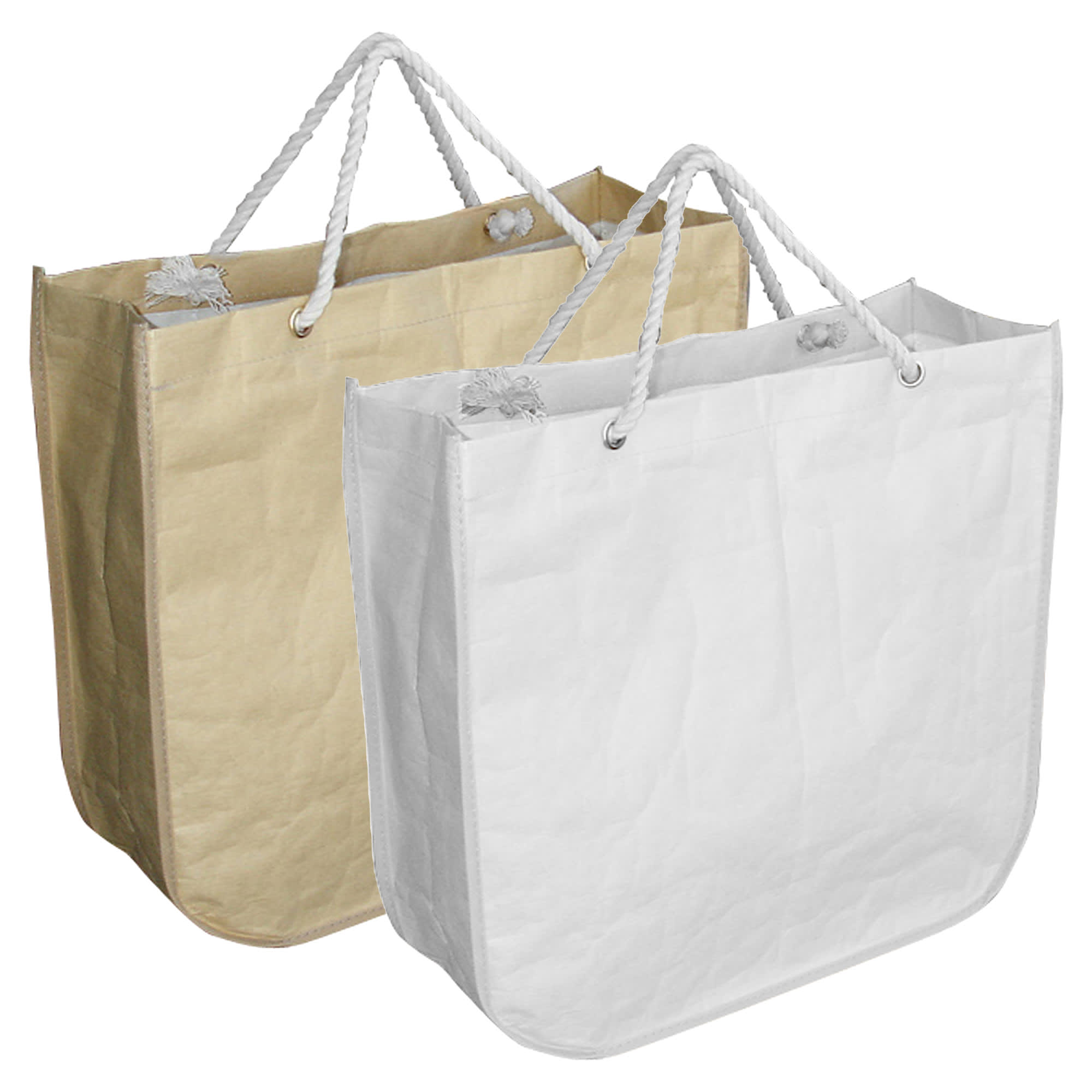 A white and a brown paper bag with round corners and rope handles, featuring a logo on each bag.