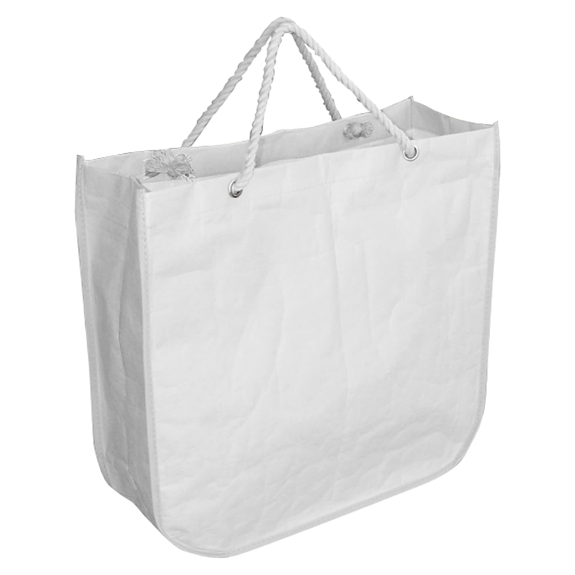 A white paper bag with round corners and rope handles, featuring a simple design and a logo.