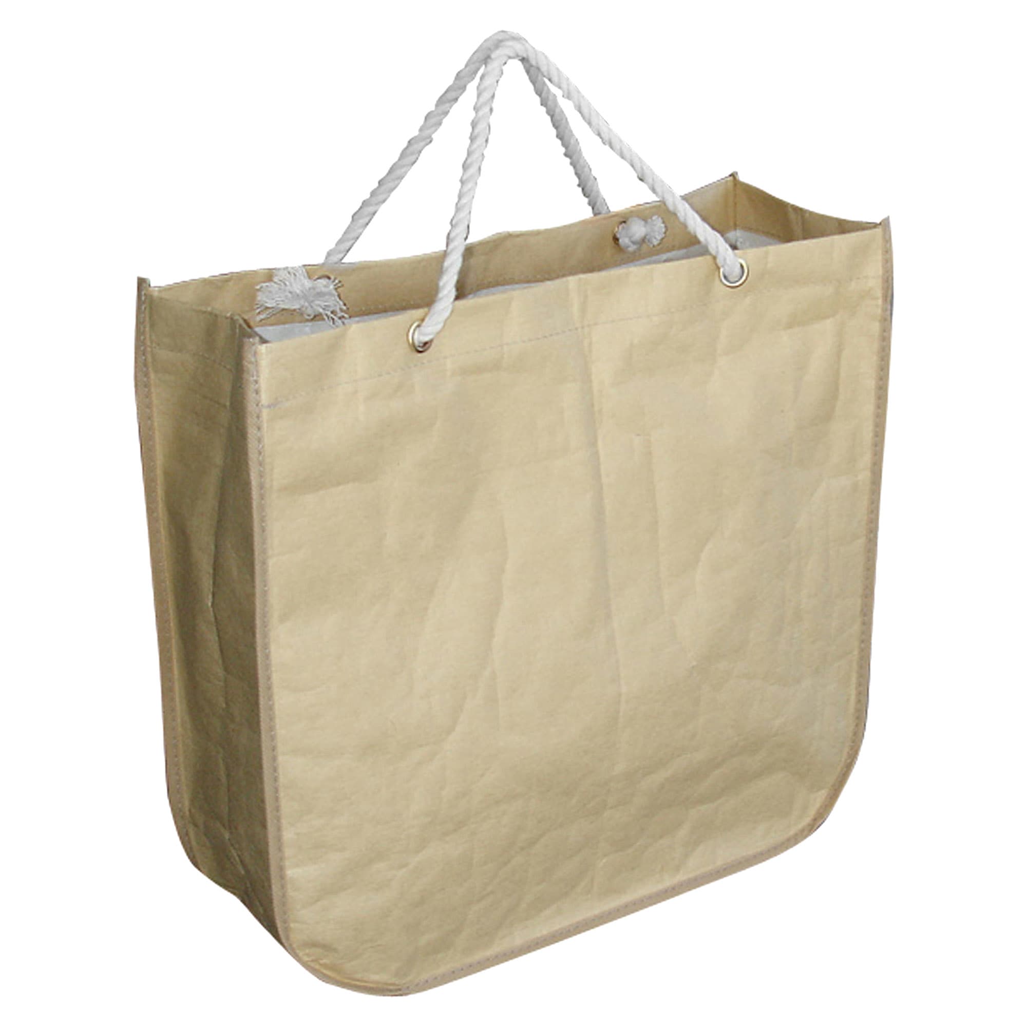 A large, beige paper bag with round corners and white rope handles. Features an internal logo.