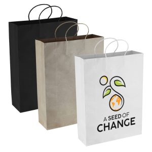 Three Paper Kraft Shopping Bags in black, brown, and white, featuring a logo on the white bag.