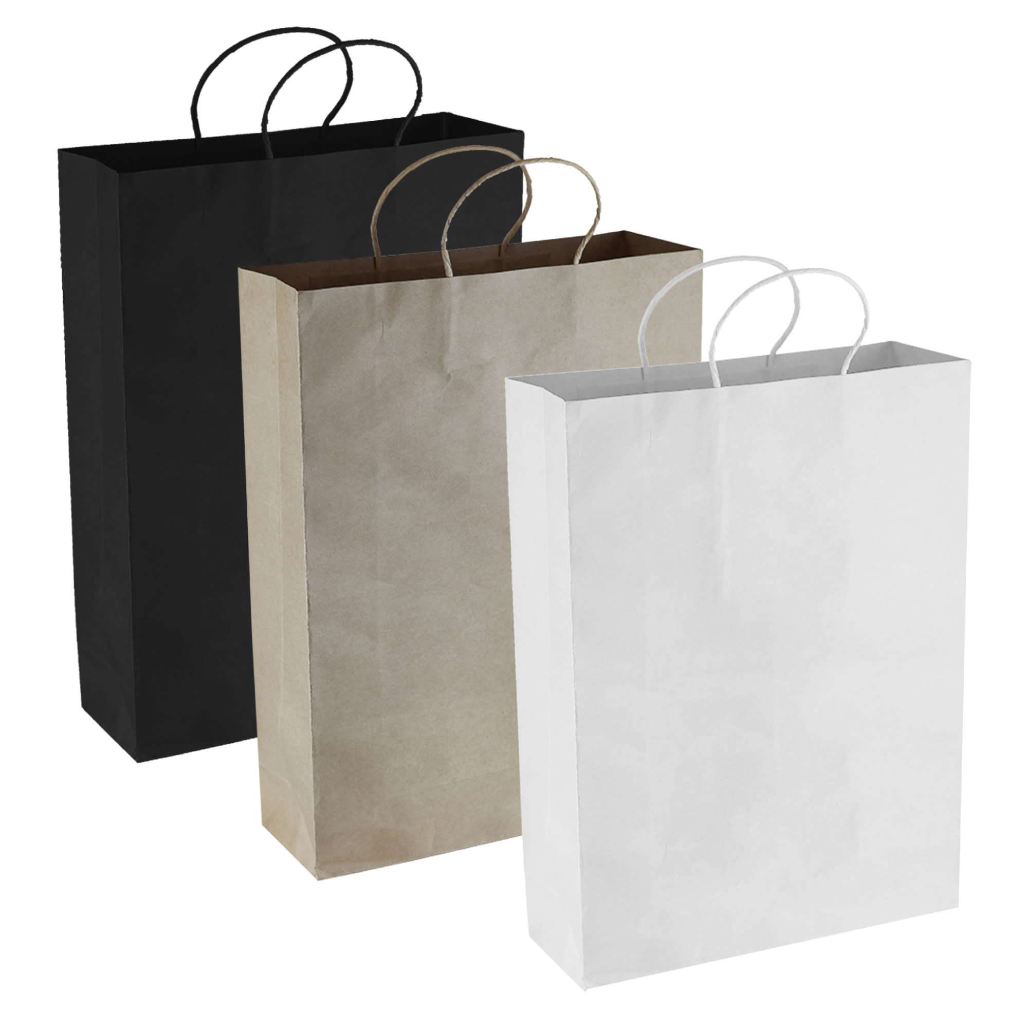 Three paper shopping bags in black, brown, and white, featuring handles and a branding logo on the front.