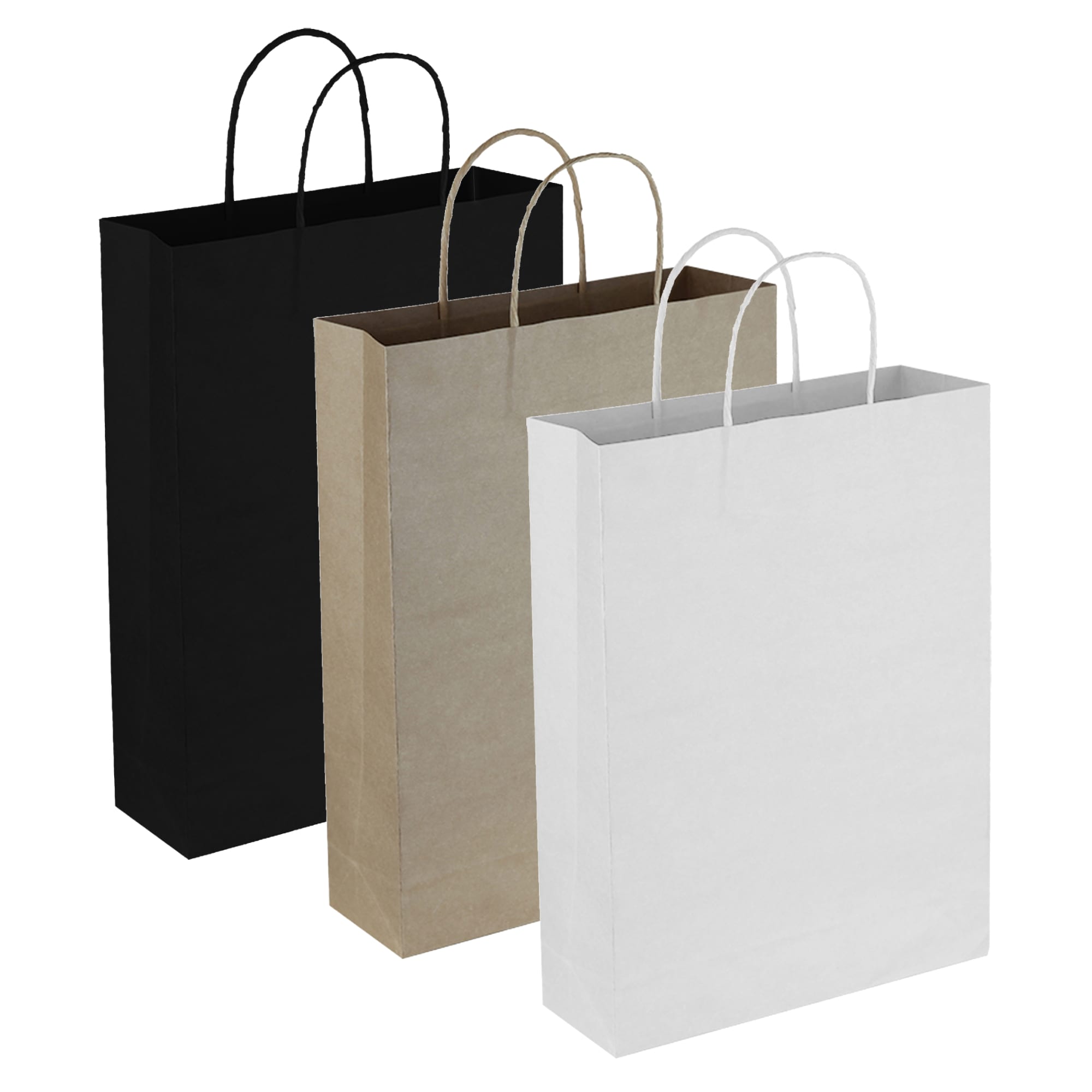 Three paper trade show bags in black, kraft, and white, featuring handles and a simple design. Each bag has a logo.