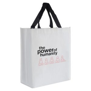 A white paper bag with black handles and a logo featuring four figures in a seated position.