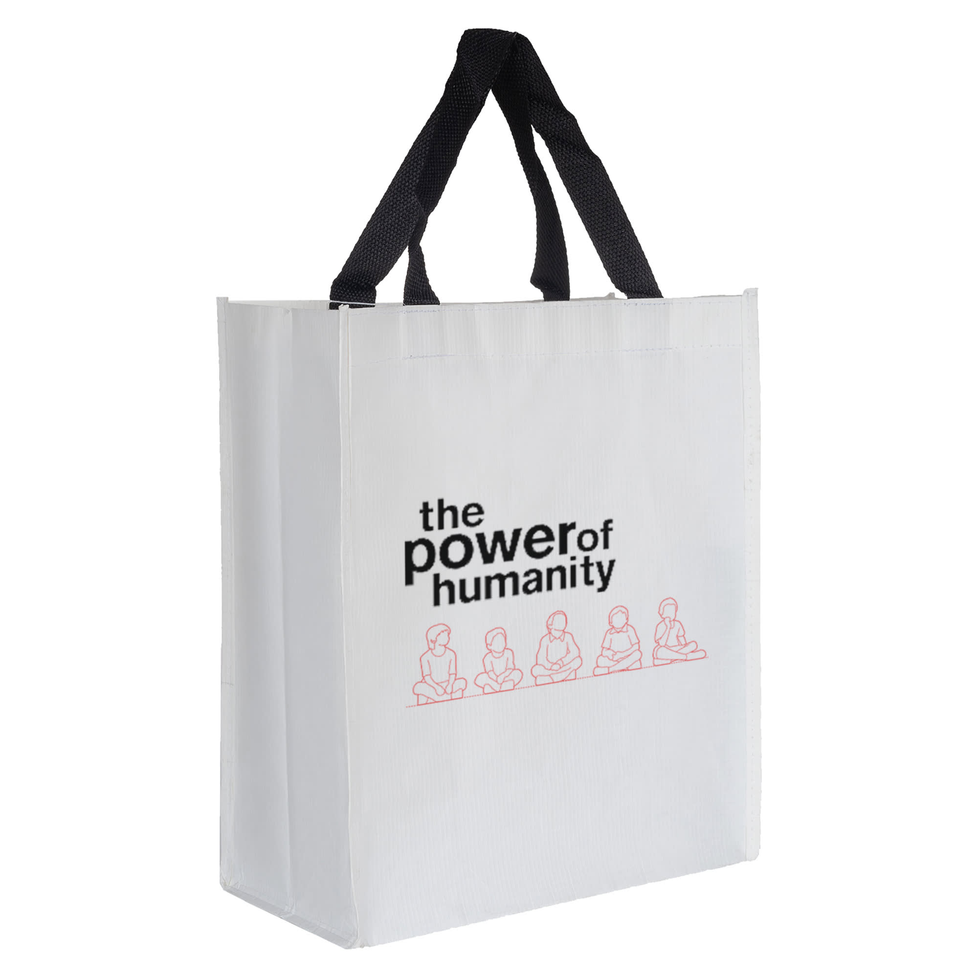 A white paper bag with black handles and a logo featuring four figures in a seated position.