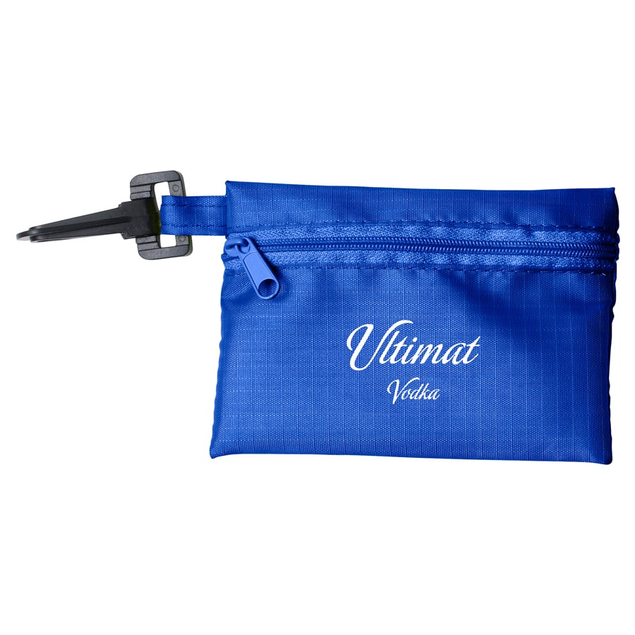 A blue Tech Kit Pouch with a zip closure and a pen attached, featuring a logo on the front.
