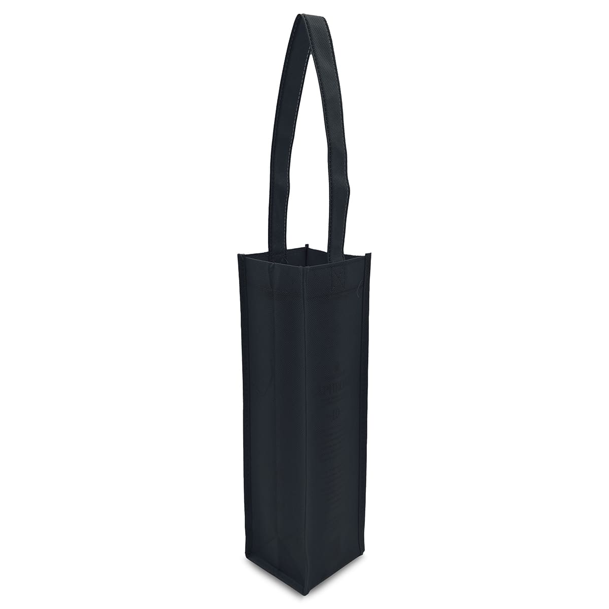 A tall, black non-woven tote bag with a single compartment and a long handle, featuring branding.