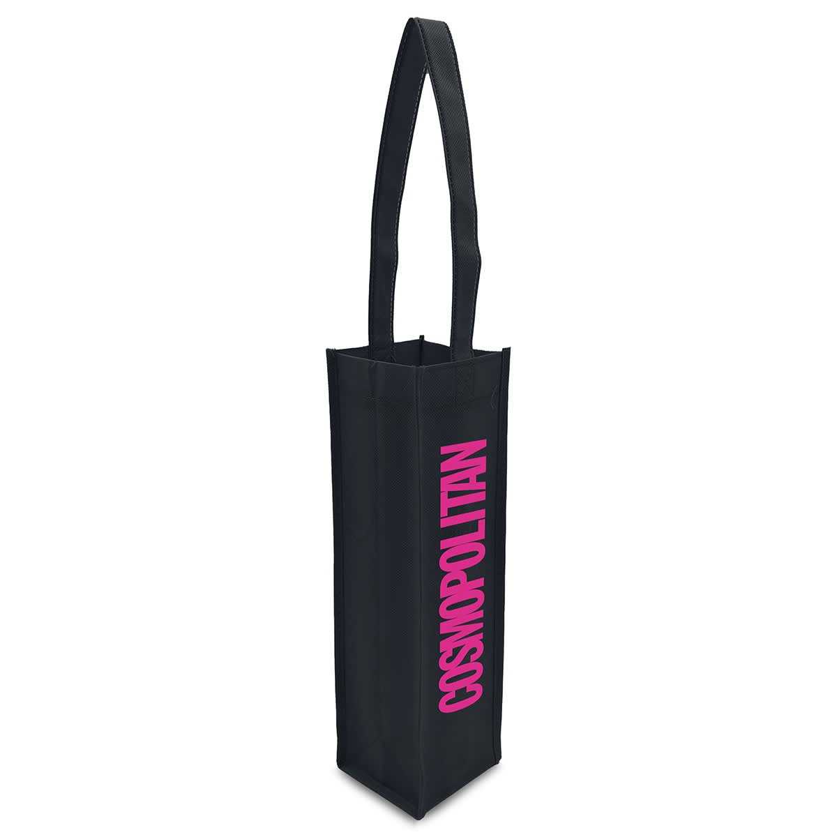 A black non-woven wine tote bag with a long handle and a logo. Designed to hold a single wine bottle.