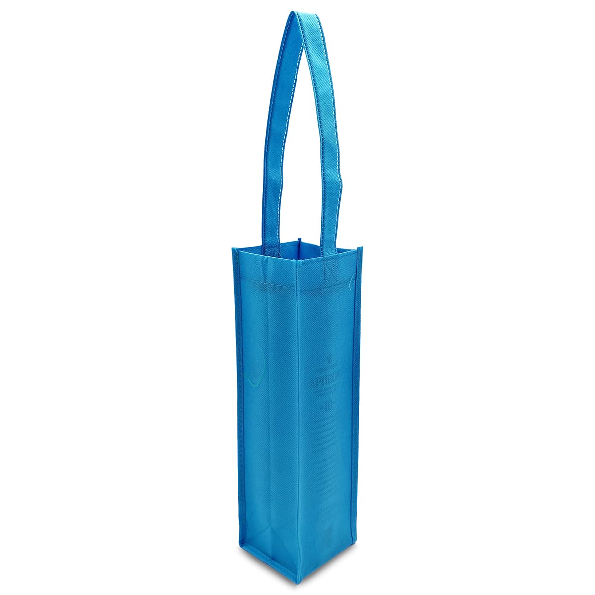 A blue non-woven single wine tote bag with a long handle and a logo.