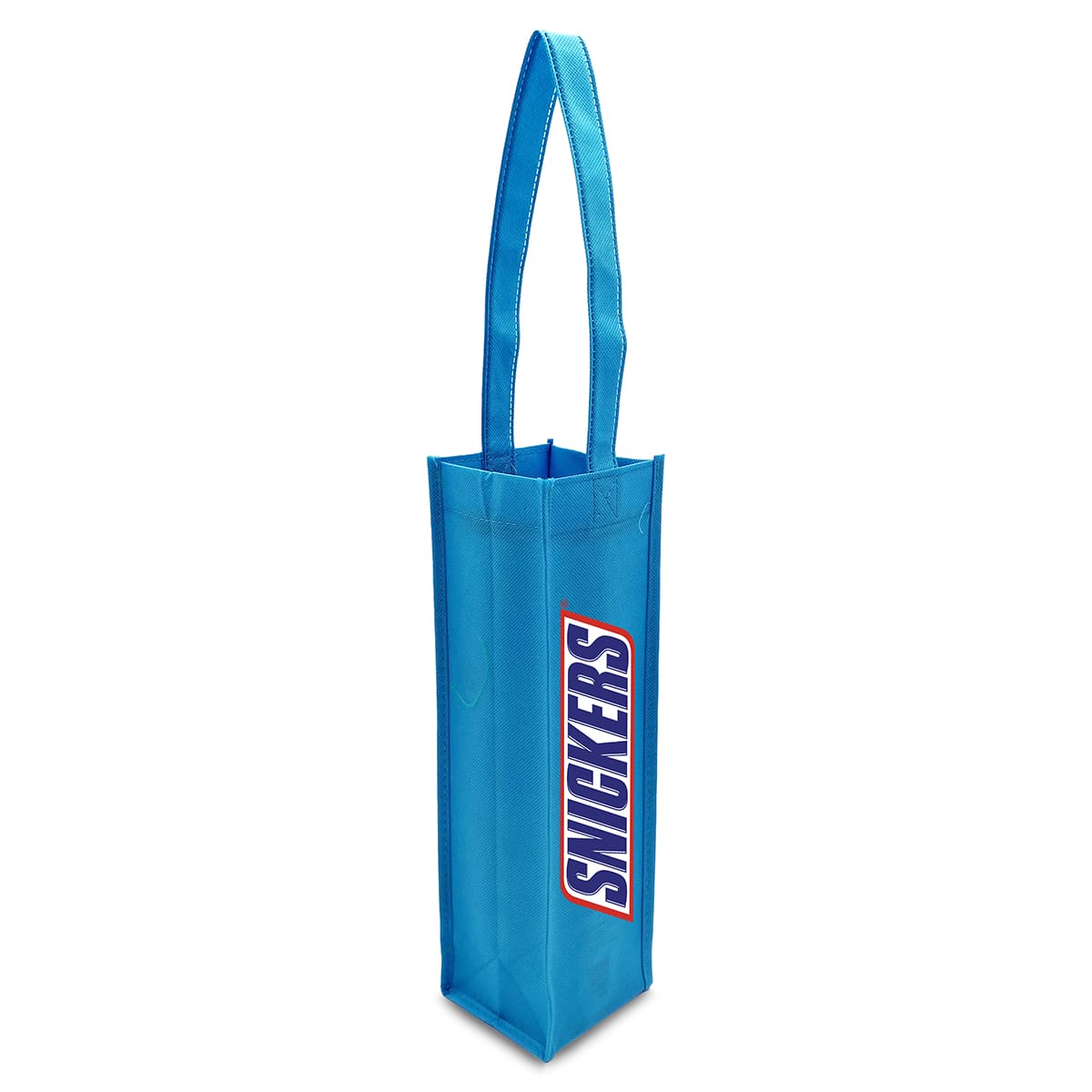 A blue non-woven single wine tote bag with a handle and a logo.