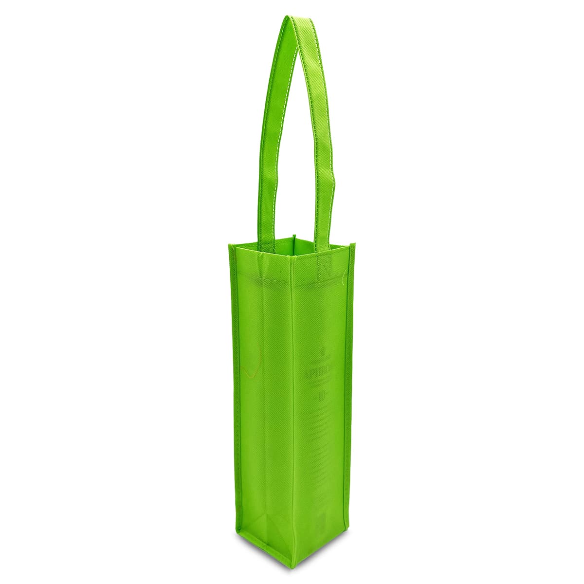 A green non-woven tote bag designed to hold a single wine bottle, featuring sturdy handles and a logo.