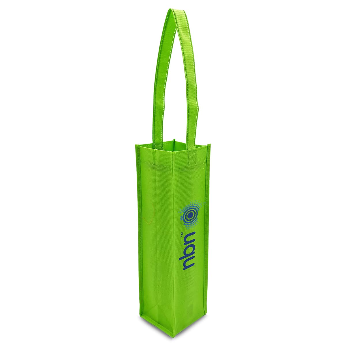 A green non-woven single wine tote bag with long handles and a logo.