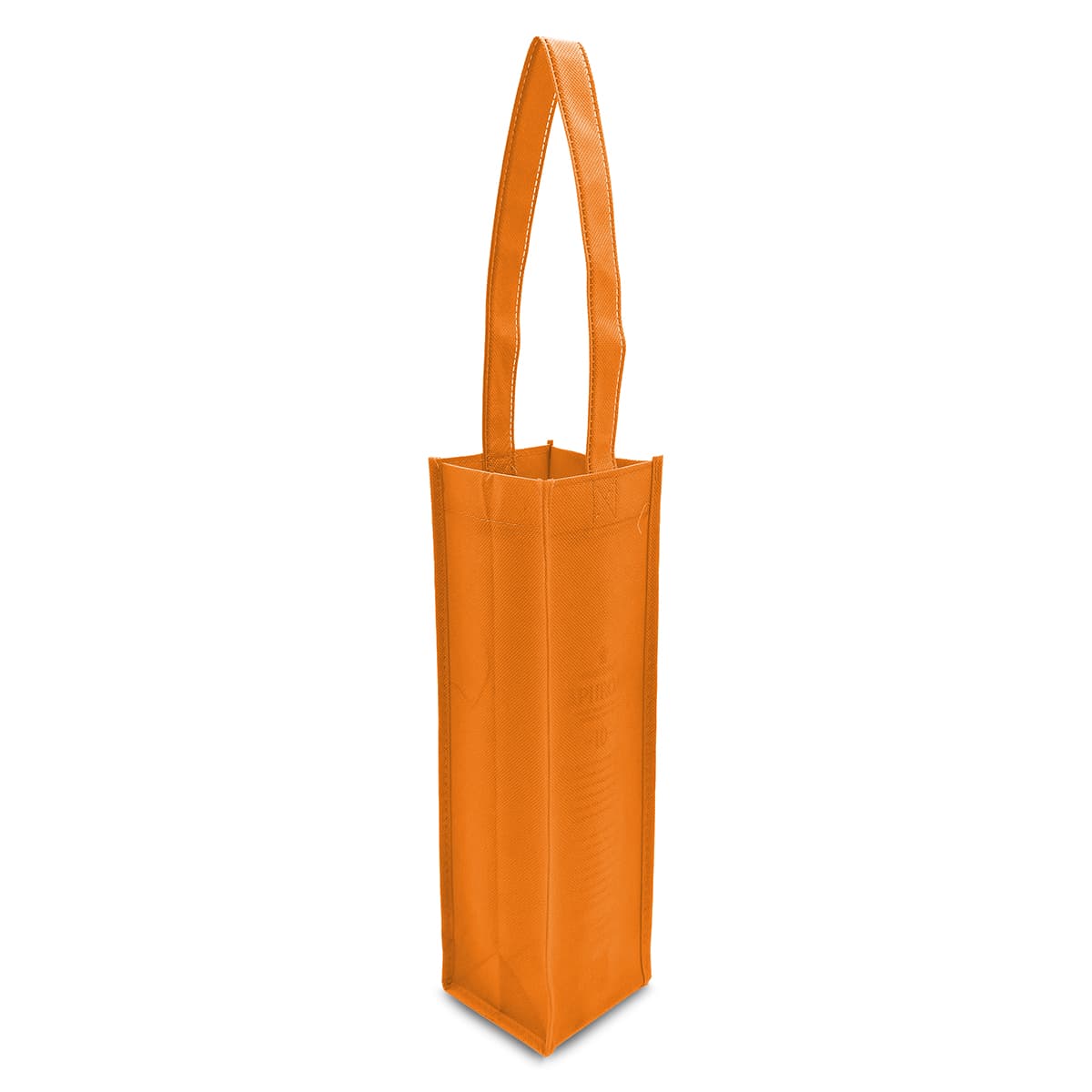 An orange non-woven single wine tote bag with a long handle and a rectangular shape. It features a logo.