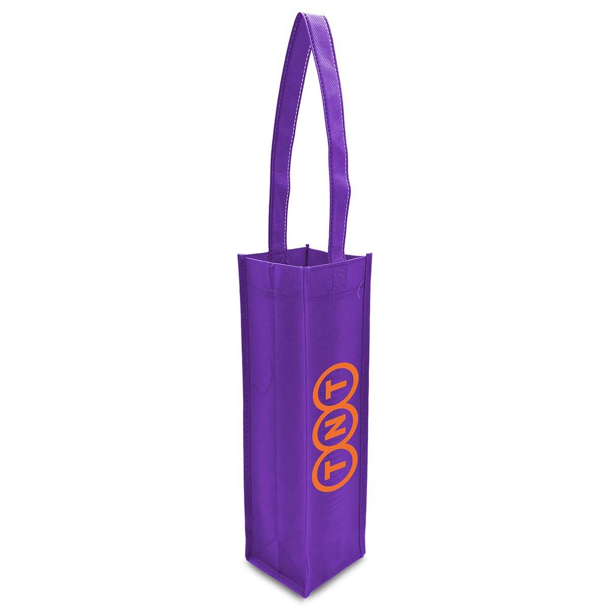 A purple non-woven single wine tote bag with long handles and a logo on the side.