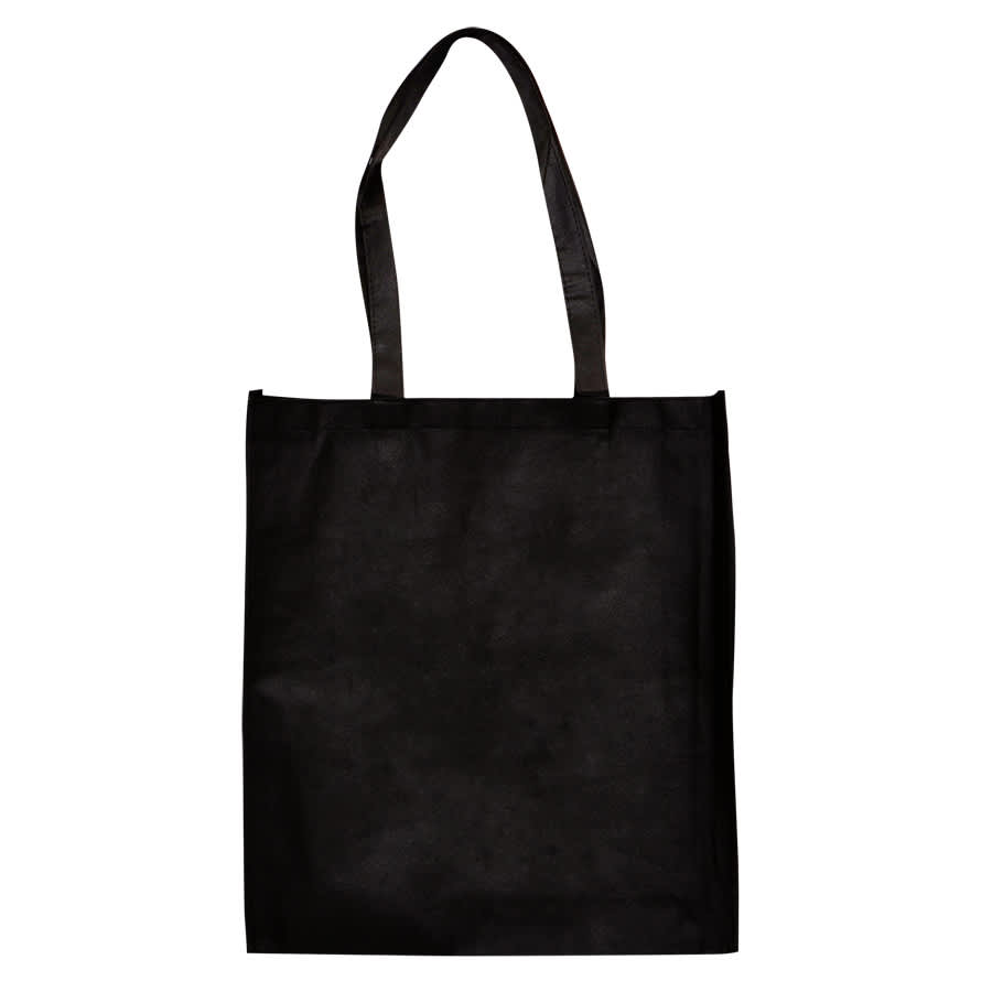 A large black shopping tote bag with gusset and long handles, featuring a logo.