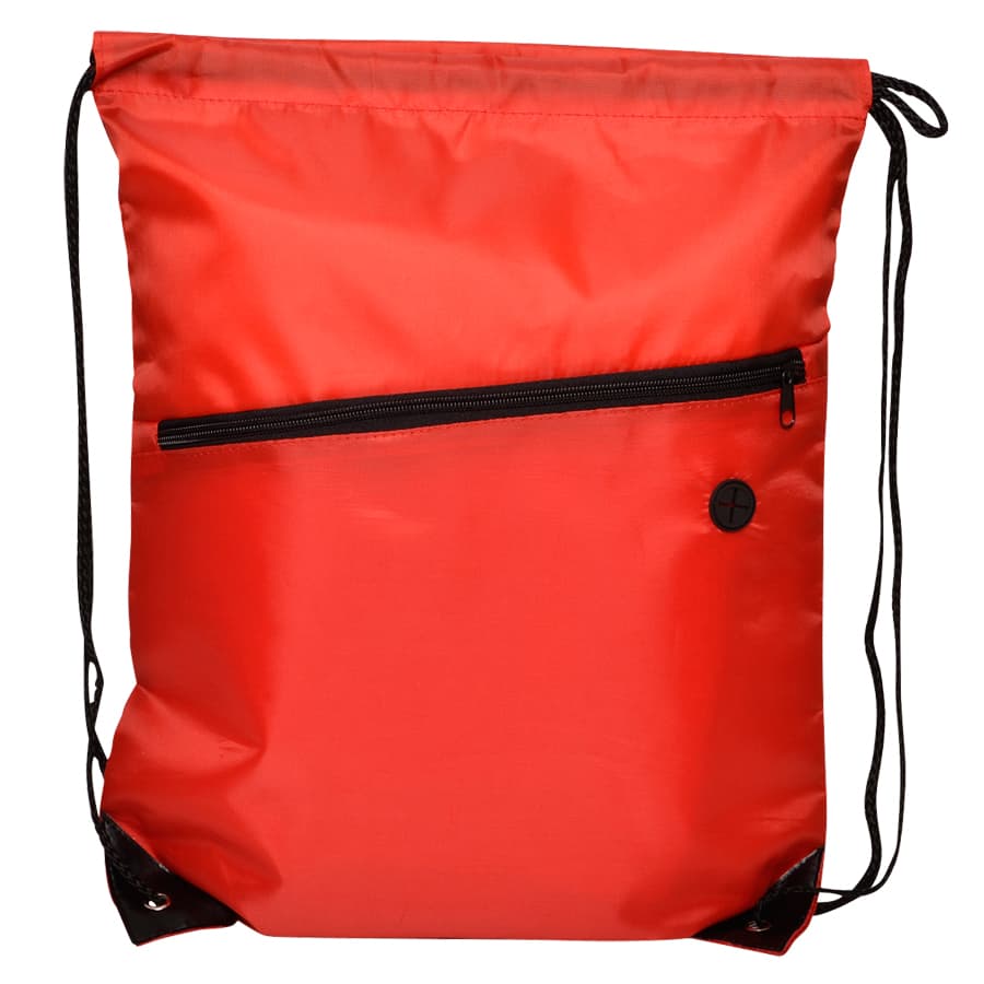 A red drawstring bag featuring a zippered pocket and black cords for closure. It has a logo on the front.