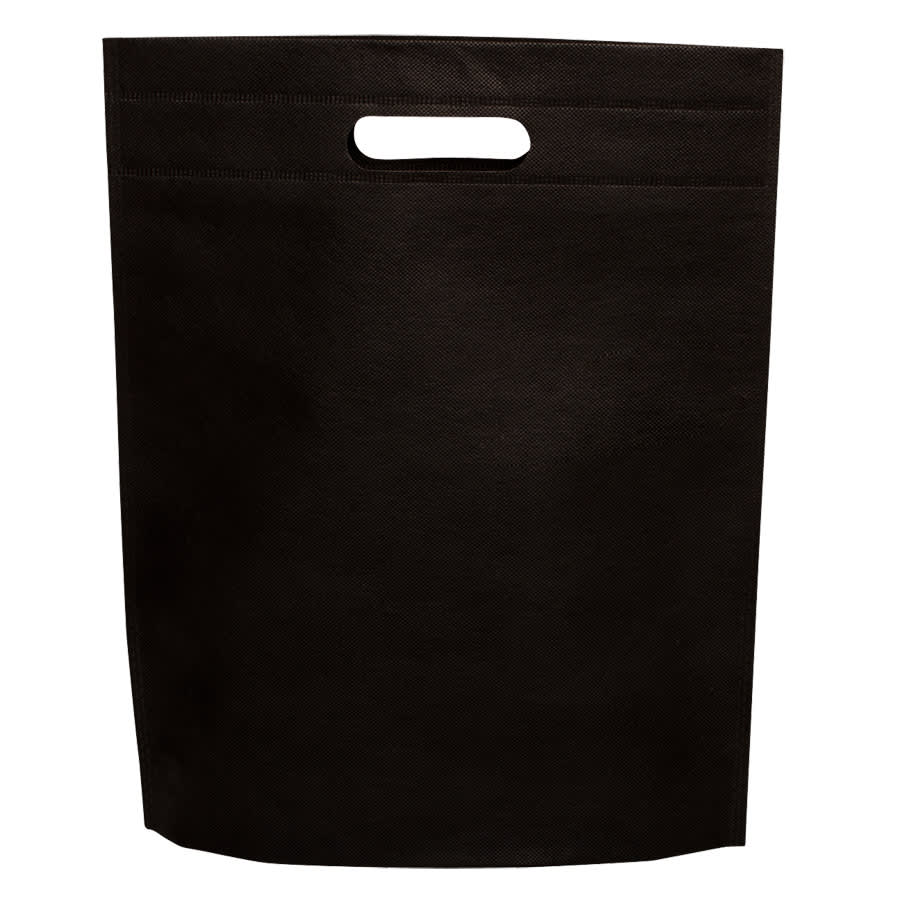 A black non-woven gift bag with a cut-out handle and a simple design. Features a logo.