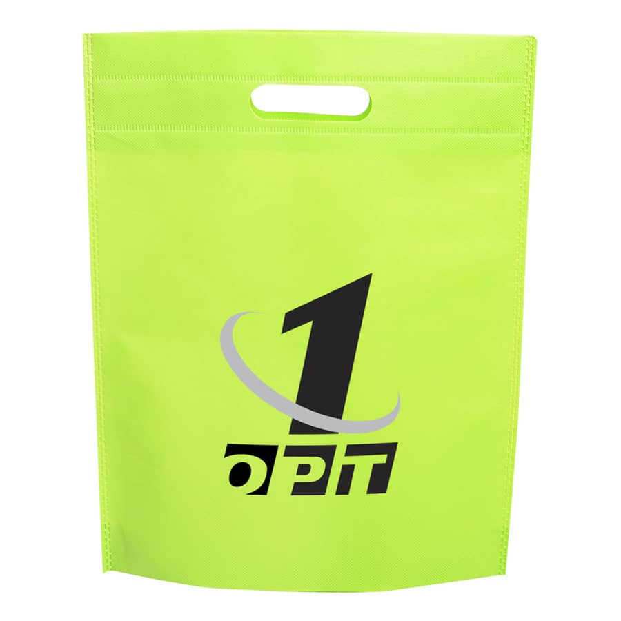 A bright lime green non-woven gift bag featuring a handle and a logo on the front.
