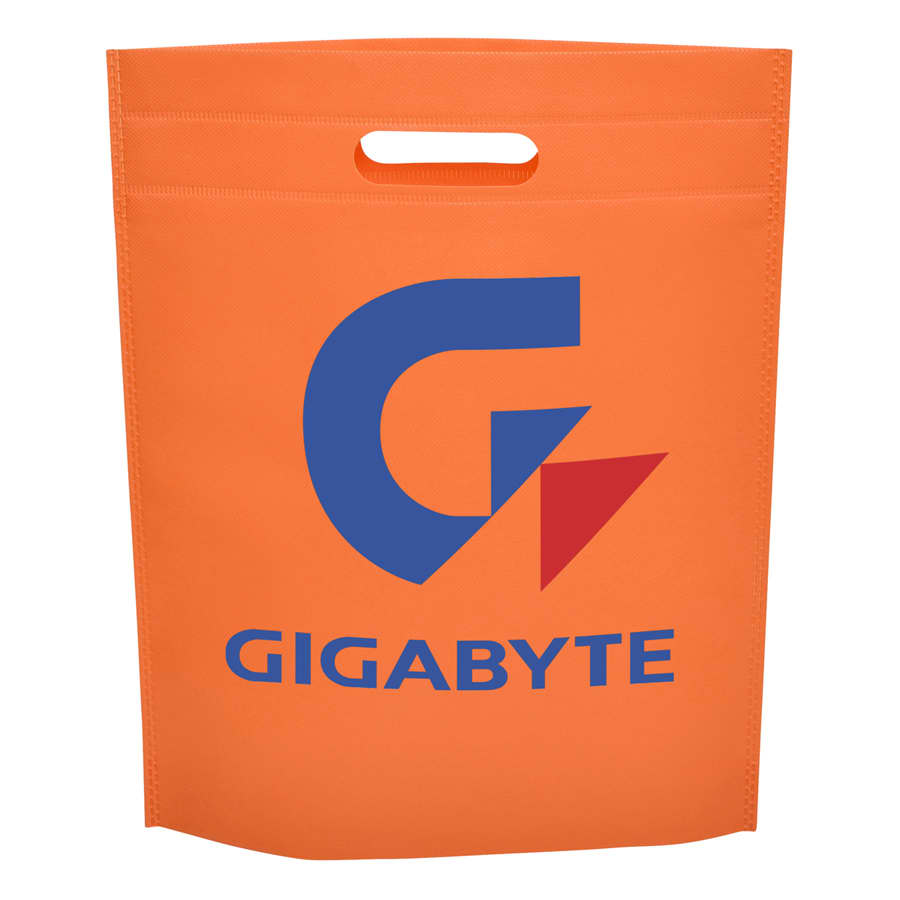 An orange non-woven gift bag featuring a logo on the front and a cut-out handle at the top.