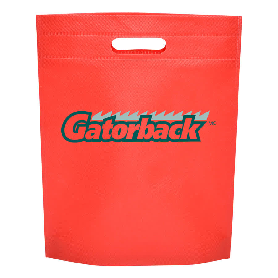 A bright red non-woven gift bag with a sturdy handle and a logo on the front.