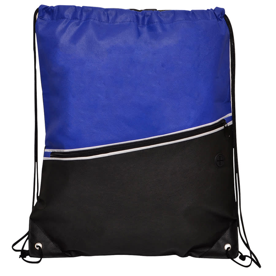 A drawstring bag featuring a blue and black design with a zippered pocket and a logo.