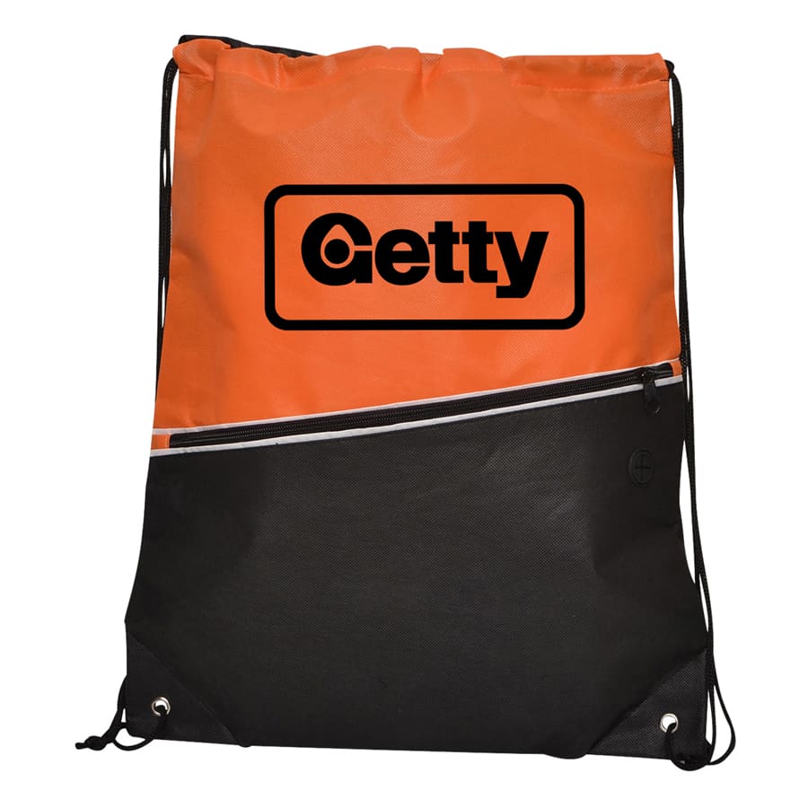 An orange and black non-woven drawstring bag with a front pocket and a logo.