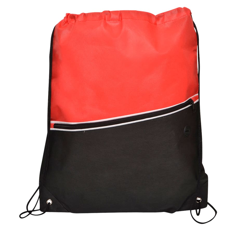 A red and black non-woven drawstring bag with a front zip pocket and a logo.
