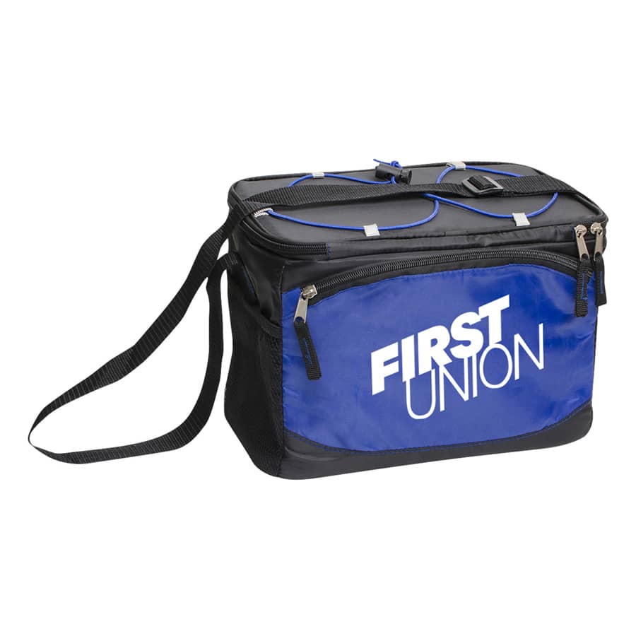 A blue cooler bag featuring a shoulder strap, with zippers and a front pocket. It has a logo on the side.