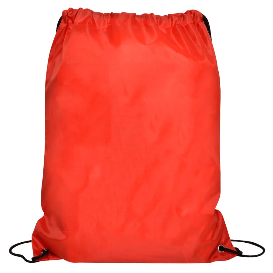 A red gym drawstring bag with black cords, featuring a simple design and a logo.