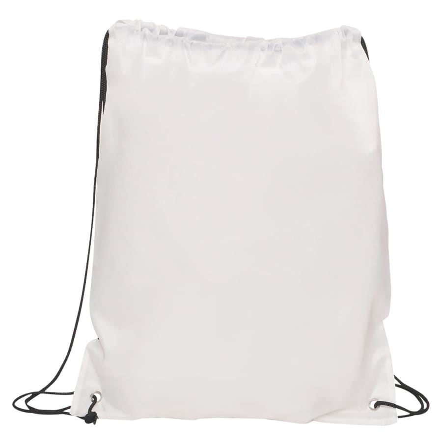 A white drawstring bag with black straps, featuring a simple design and no visible branding.