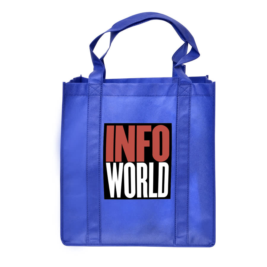 A blue shopping tote bag with a gusset and a logo on the front.