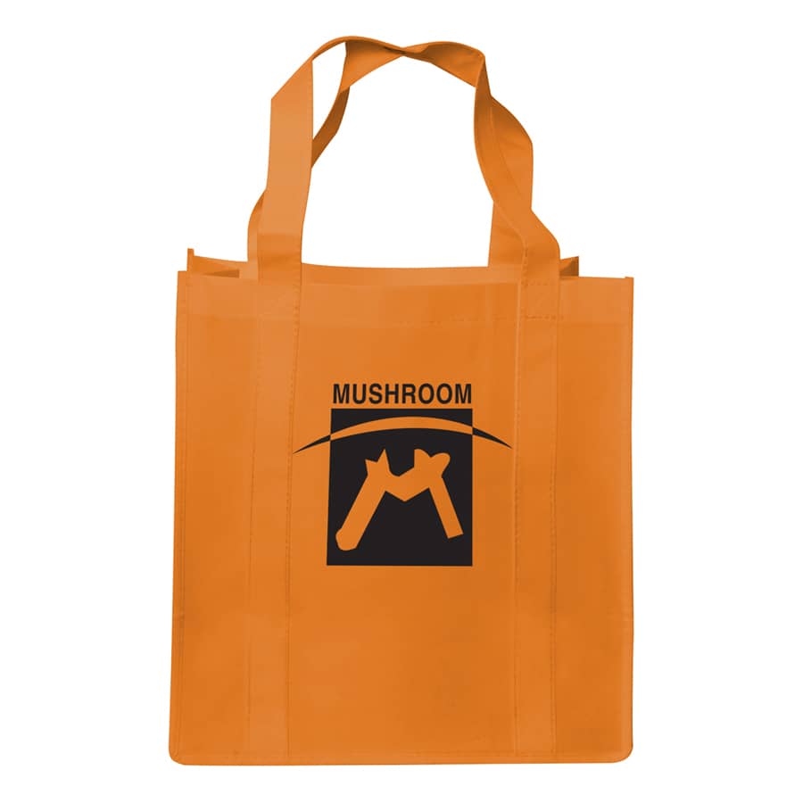 An orange shopping tote bag with a gusset and a logo displayed on the front.
