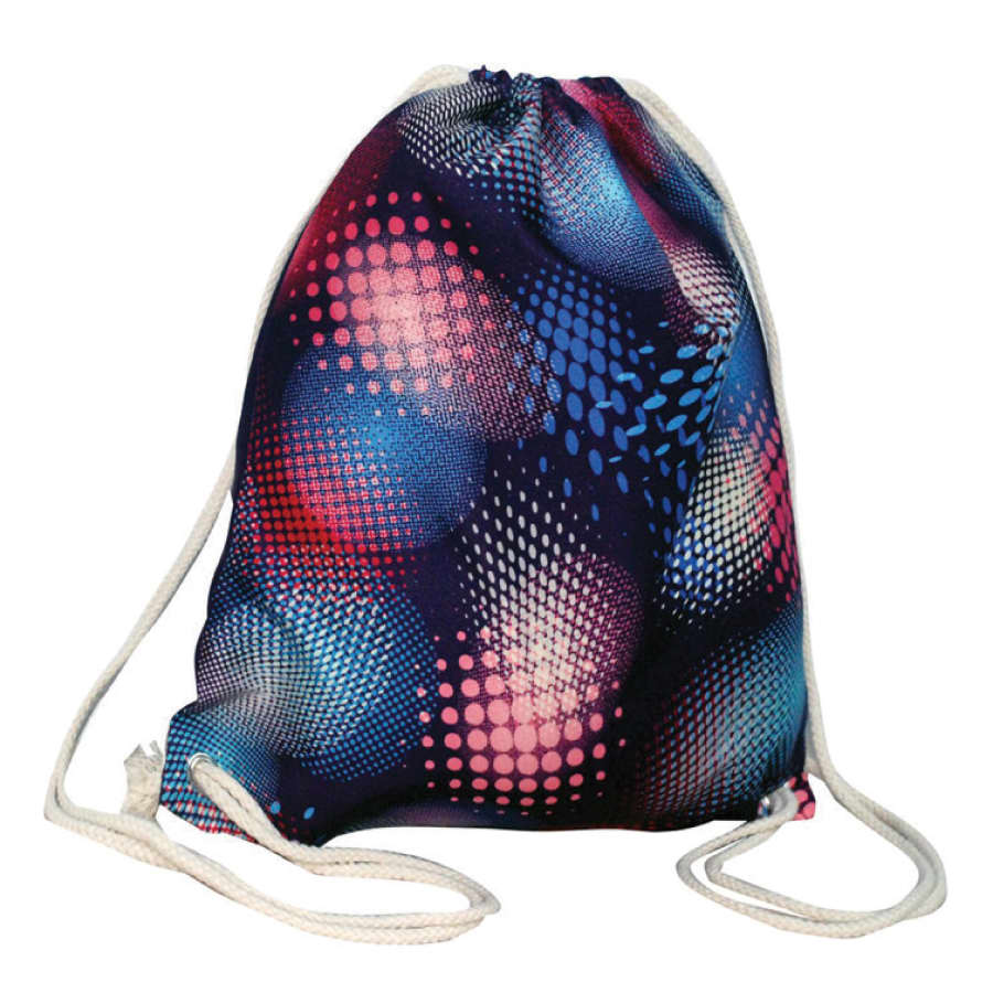 A full-colour drawstring bag featuring vibrant blue, pink, and purple dot patterns, with white drawstrings and a logo.