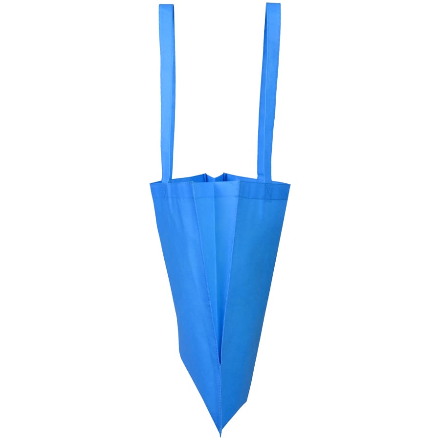 A blue shopping tote bag with a V gusset and two long handles. It features a logo on the front.