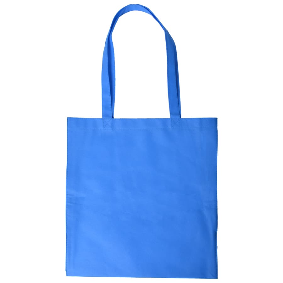 A blue shopping tote bag with a V gusset and two handles, featuring a plain design without logos.
