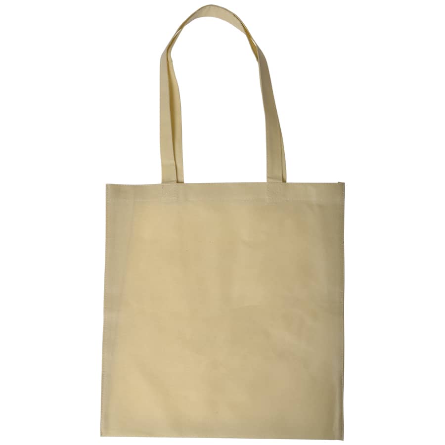 A yellow shopping tote bag with two handles and a V gusset. The bag features a logo on one side.