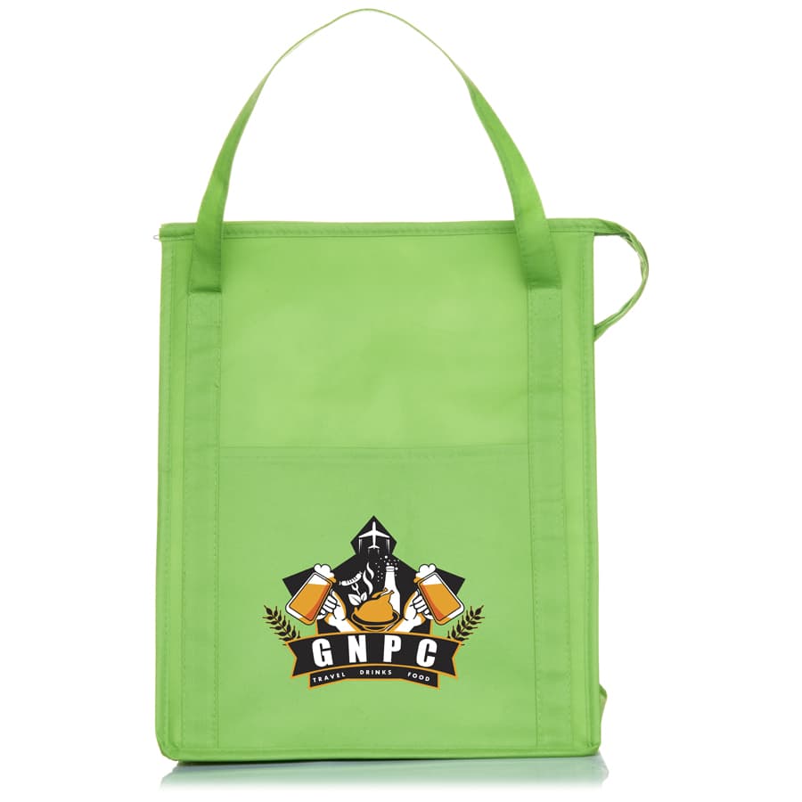 A green insulated grocery tote with a logo on the front and two sturdy handles for carrying.
