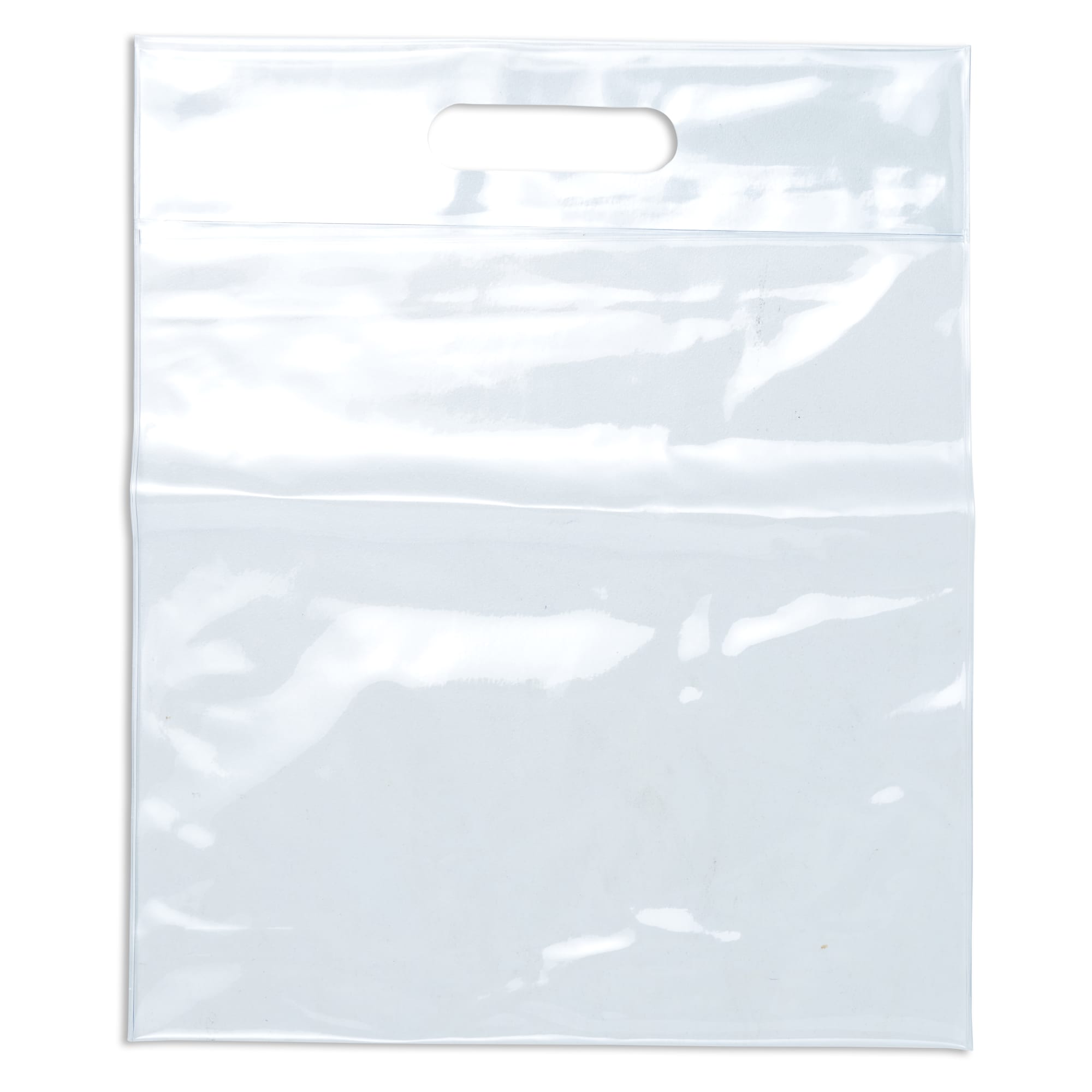 A clear tote bag with a handle, featuring a glossy finish and a transparent design.