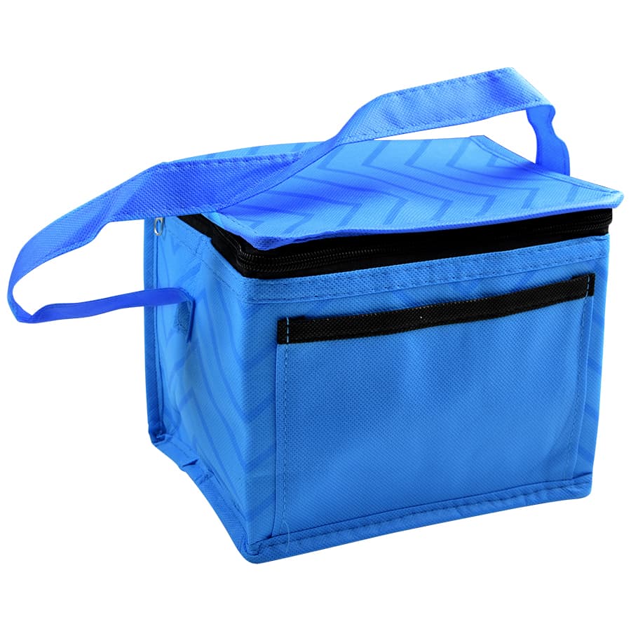 A blue cooler bag with a zippered top and a shoulder strap, featuring a front pocket and a logo.