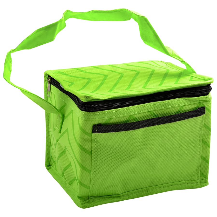 A green lunch cooler bag with a zippered top and an external pocket, featuring a shoulder strap.