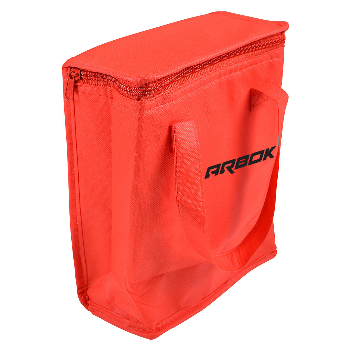 A red cooler bag with a zip closure and two handles. It features a logo on the front.