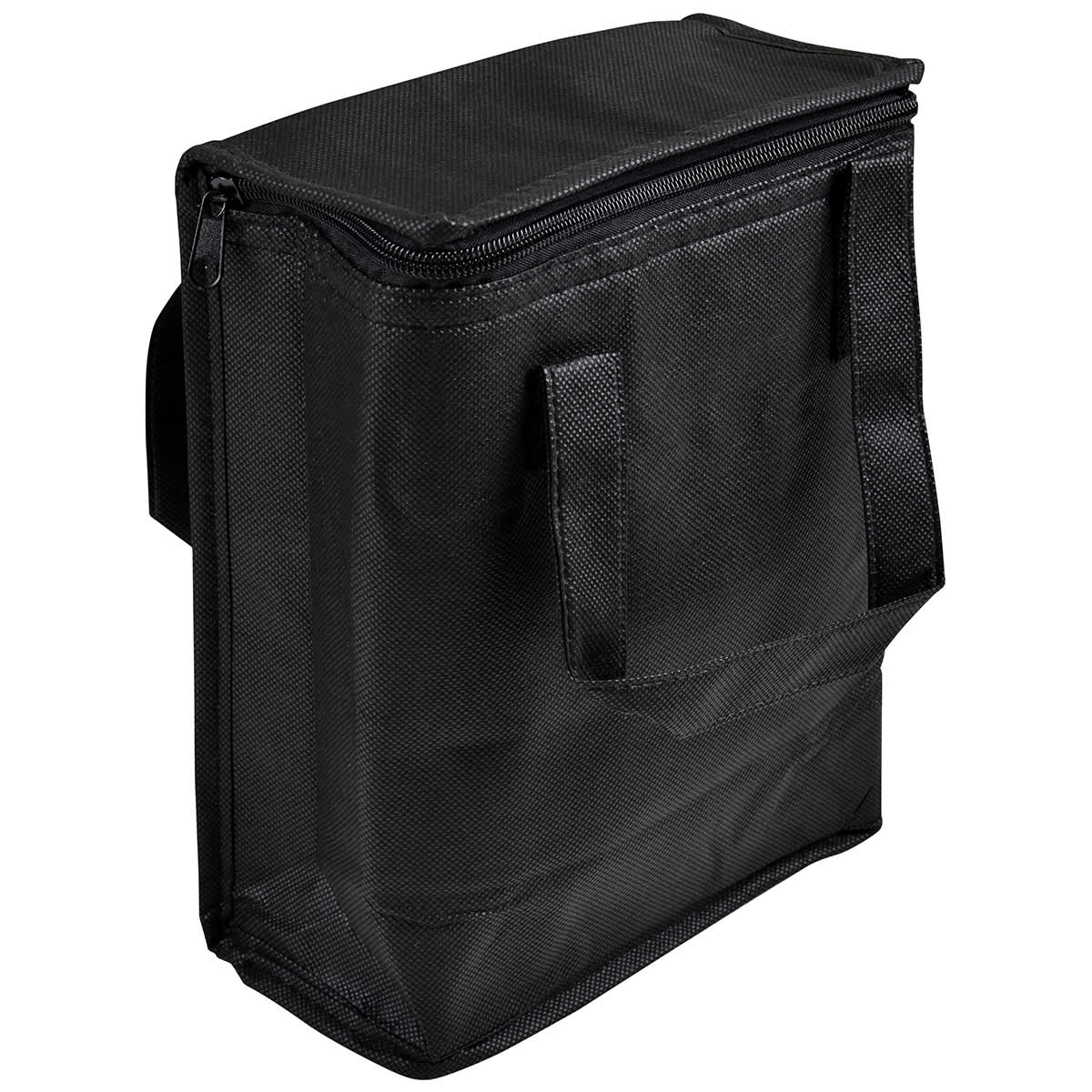 A black cooler bag with a zipped top and carrying handles, featuring a textured surface and a small logo.