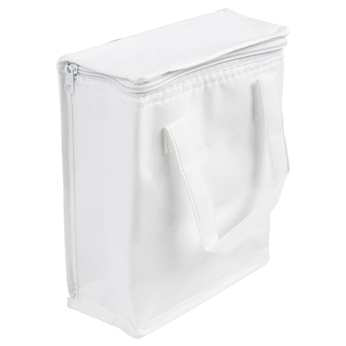 A white cooler bag with a zip closure and two handles. It features a simple design and a logo.
