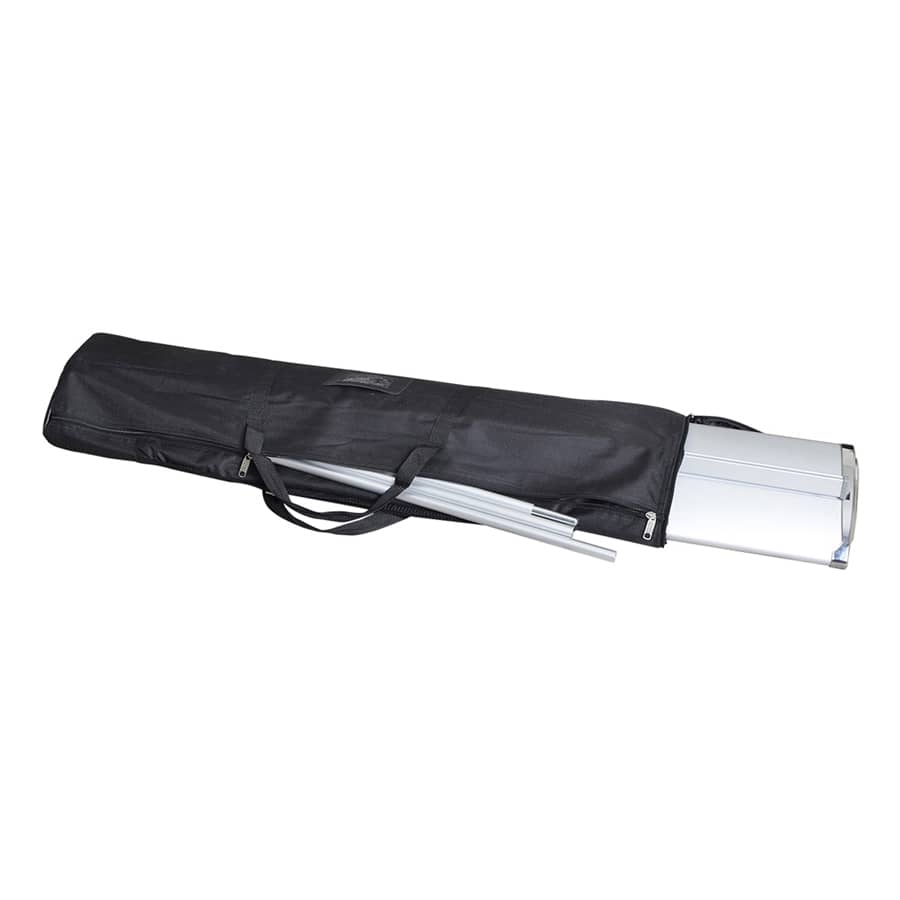 A black carry bag containing a silver 850mm roll-up banner frame and poles.
