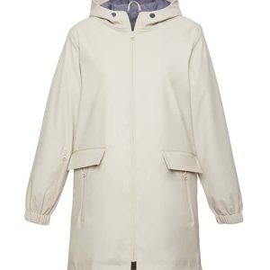 A women's cream overcoat with a hood, featuring zippered pockets and elasticised cuffs. It has a simple design and a branded tag.