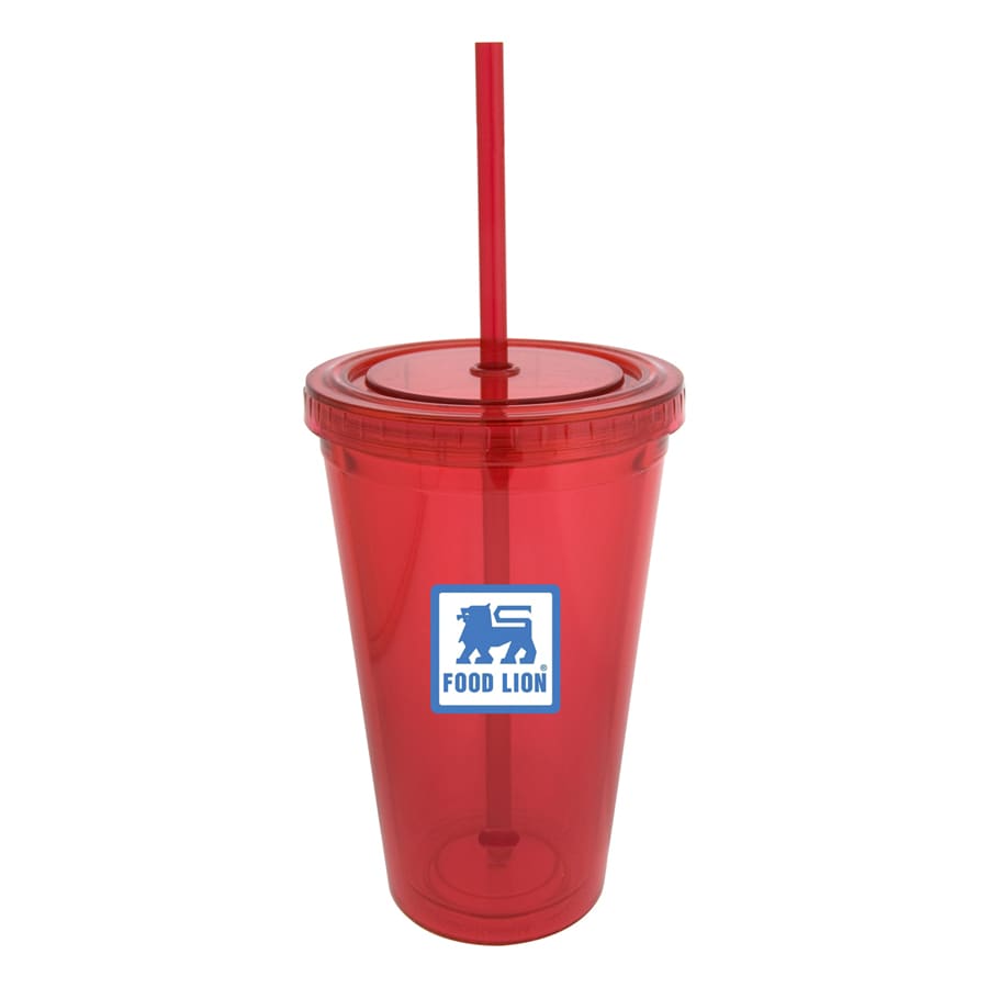 A drink bottle in vibrant red with a matching straw and a logo on the front.
