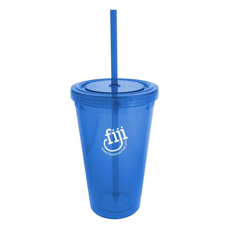 A drink bottle featuring a clear blue acrylic tumbler with a matching straw and a logo.